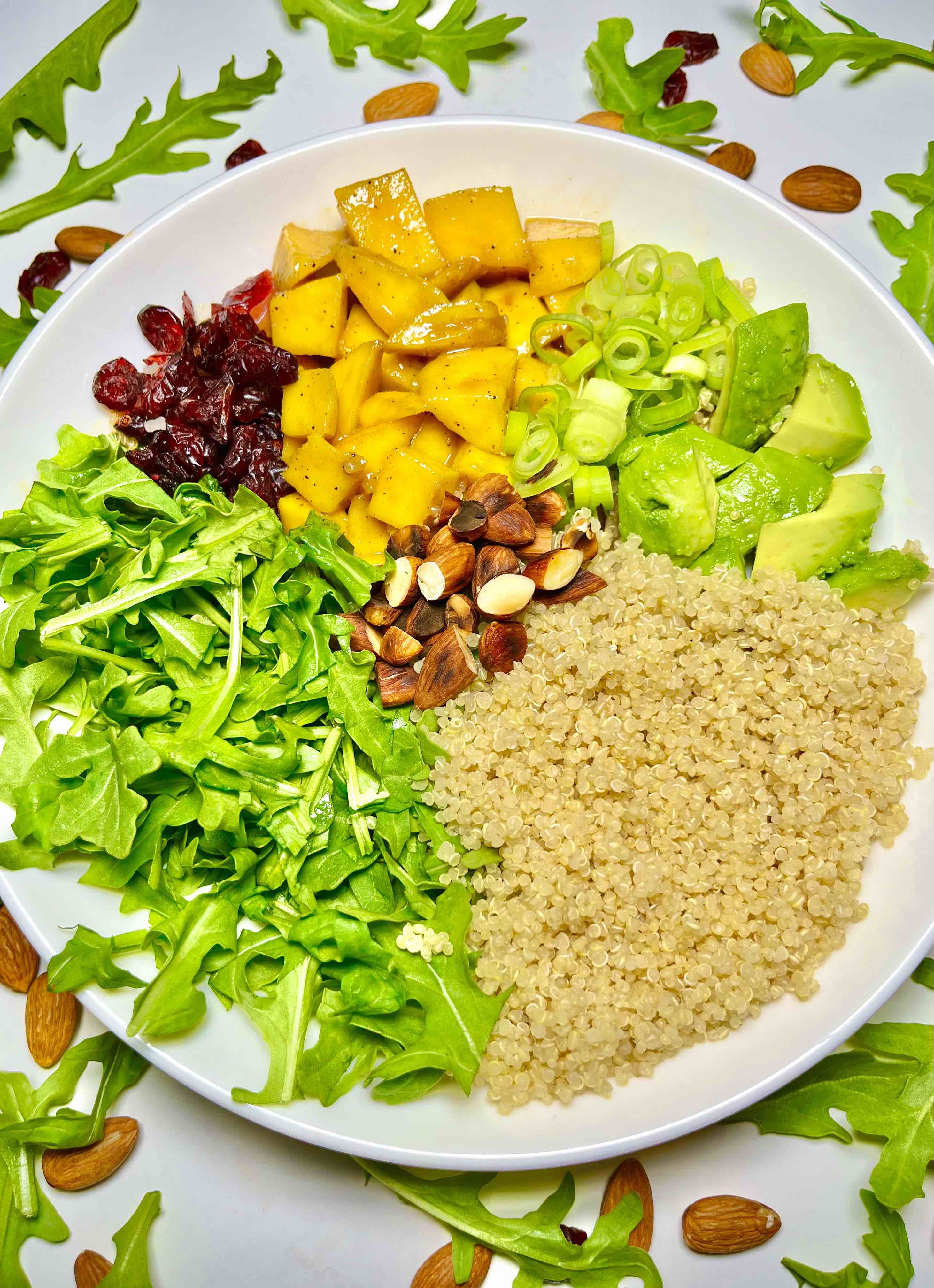 ingredients of mango avocado quinoa salad on plate