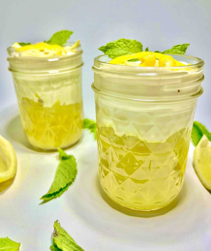 vegan lemon pudding in small mason jars