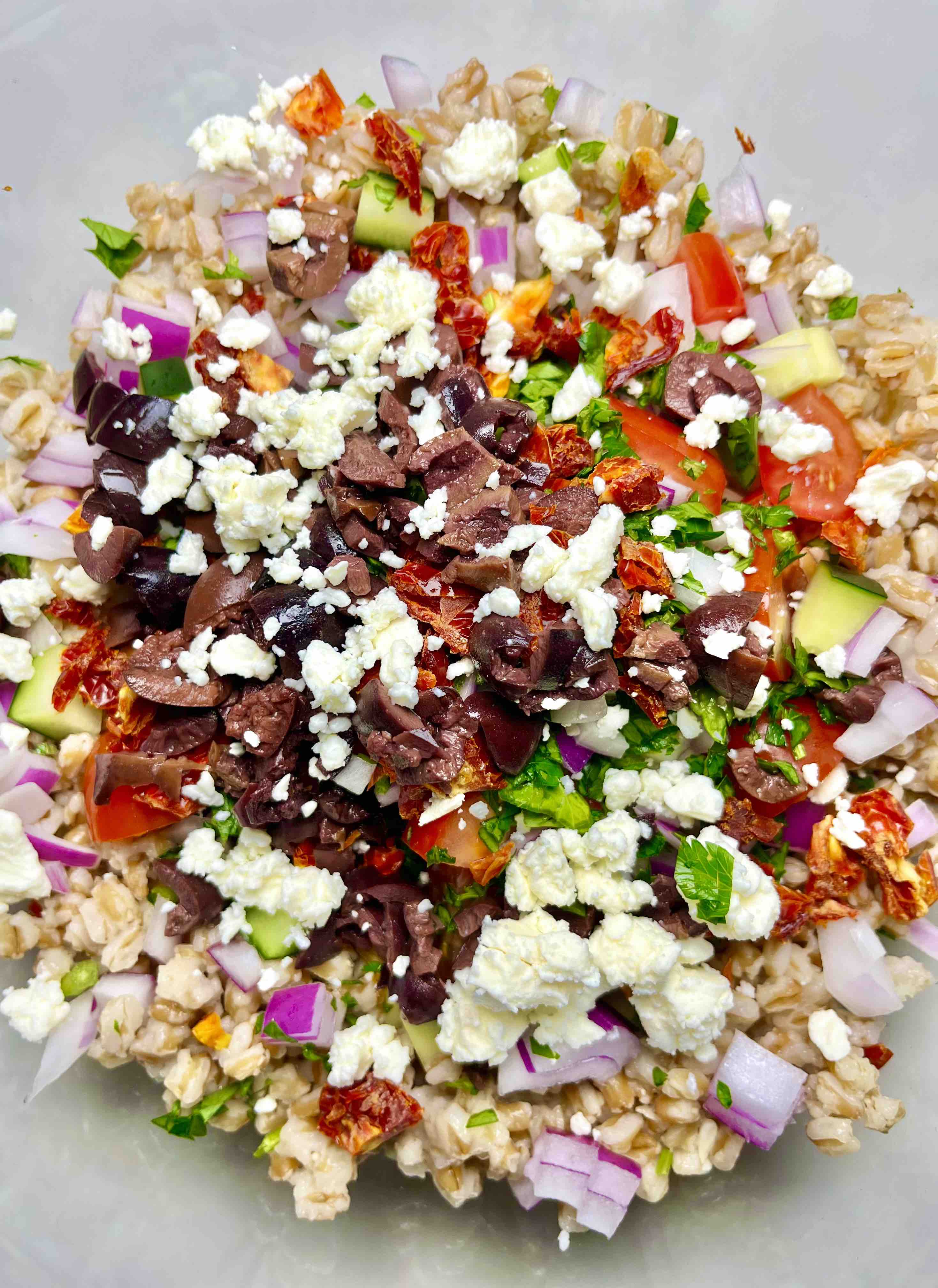 farro salad ingredients in bowl