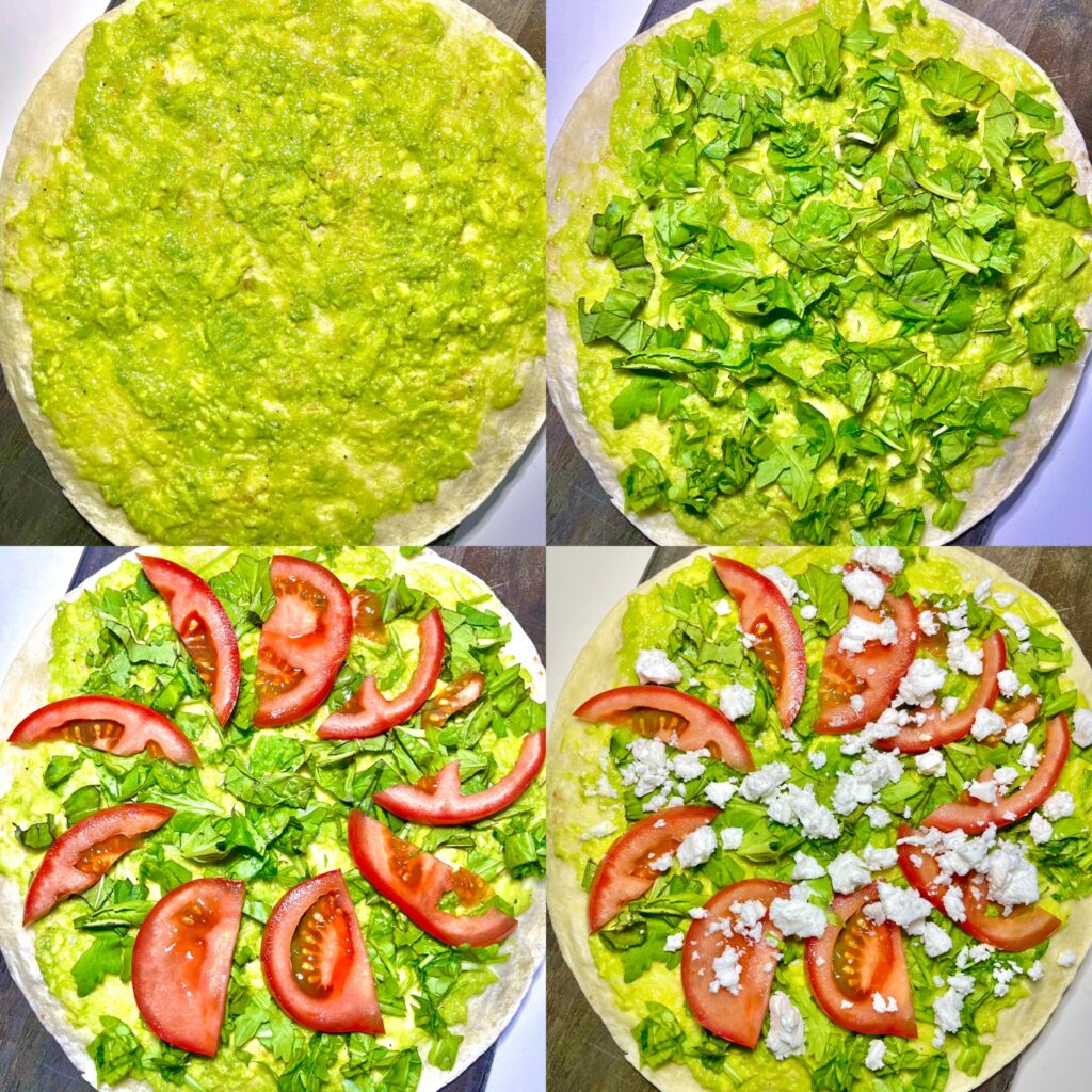 layout of tortillas showing process of creating Mediterranean quesadilla