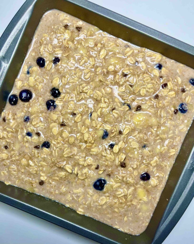 vegan banana oatmeal in baking pan prior to baking