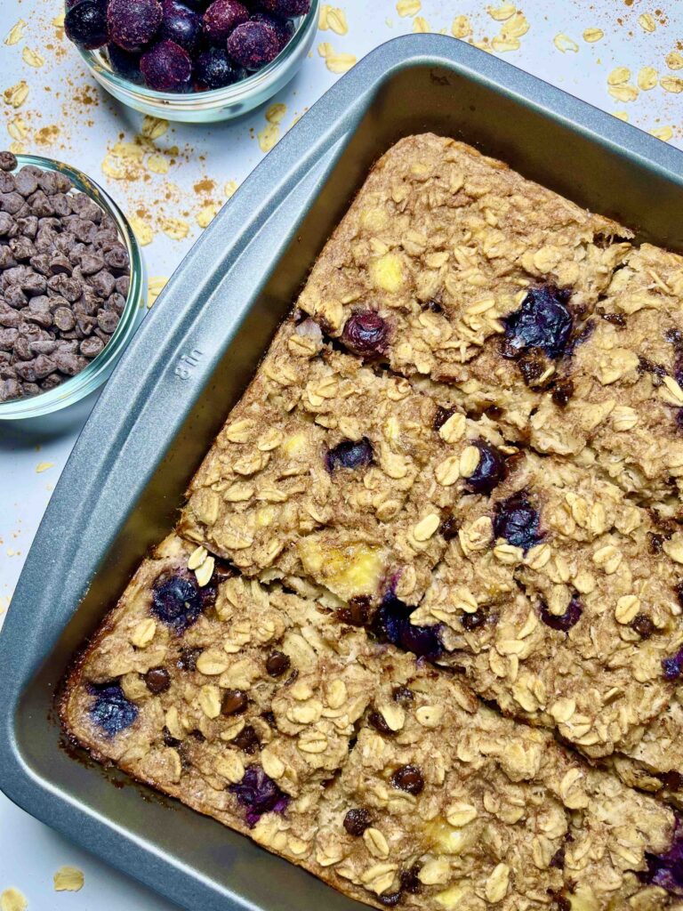 vegan banana baked oatmeal in pan after baking