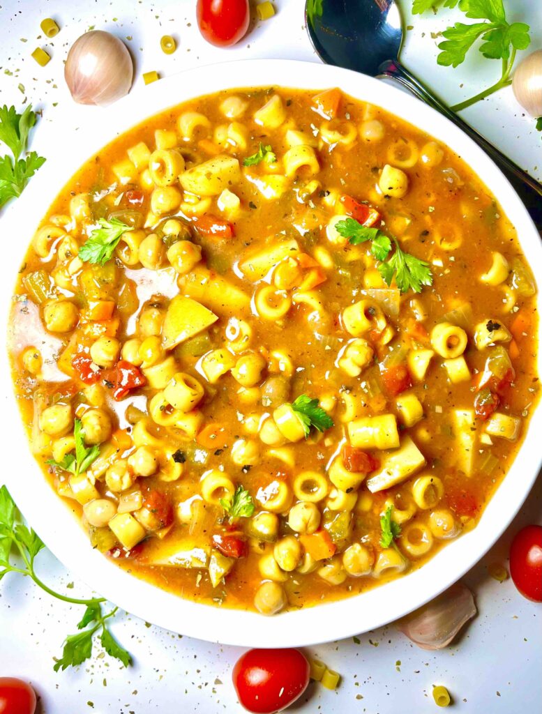 overhead image of vegan minestrone soup in bowl