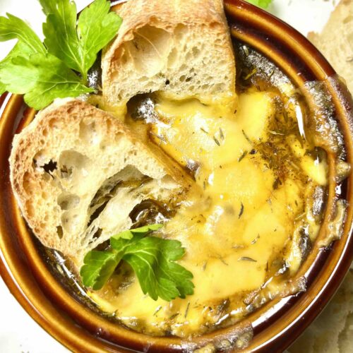 french onion soup in bowl seen from above