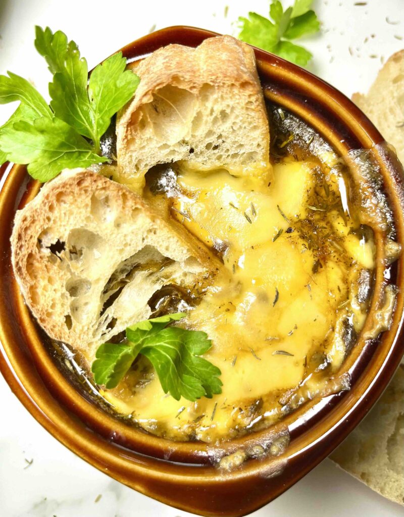french onion soup in bowl seen from above