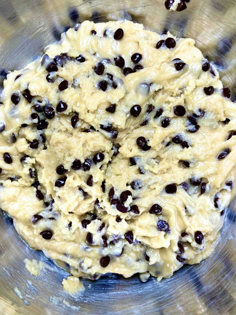vegan chocolate chip cookie bar dough prior to baking