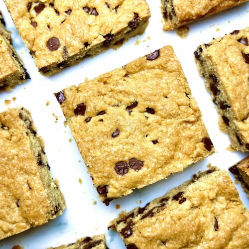 vegan chocolate chip cookie bars cut into squares and seen from above