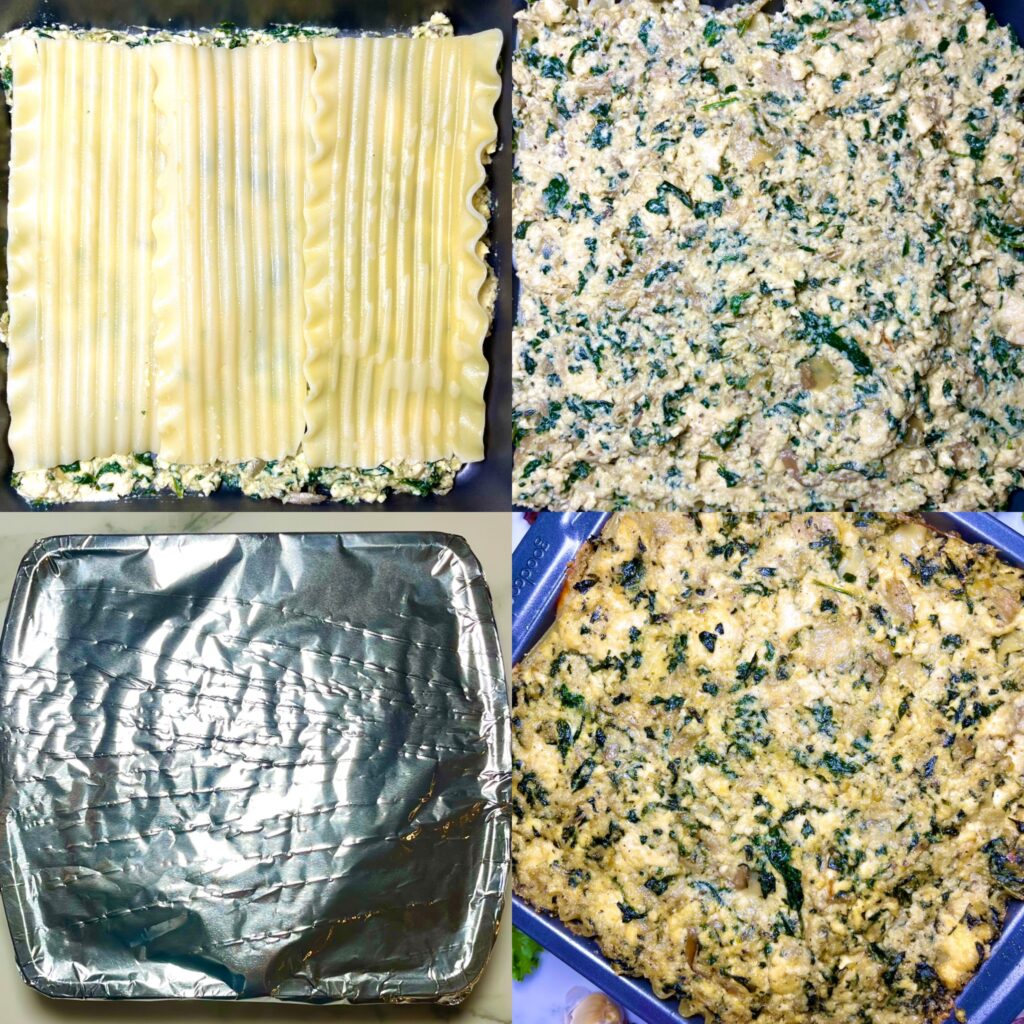 four images showing process of assembling lasagna to its final baked form