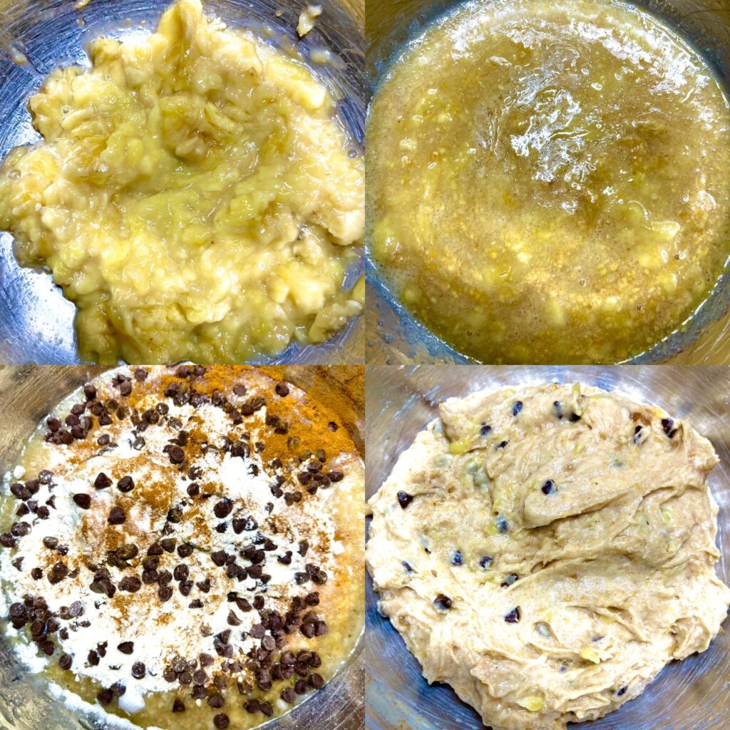 picture of four stages of creation of banana bread