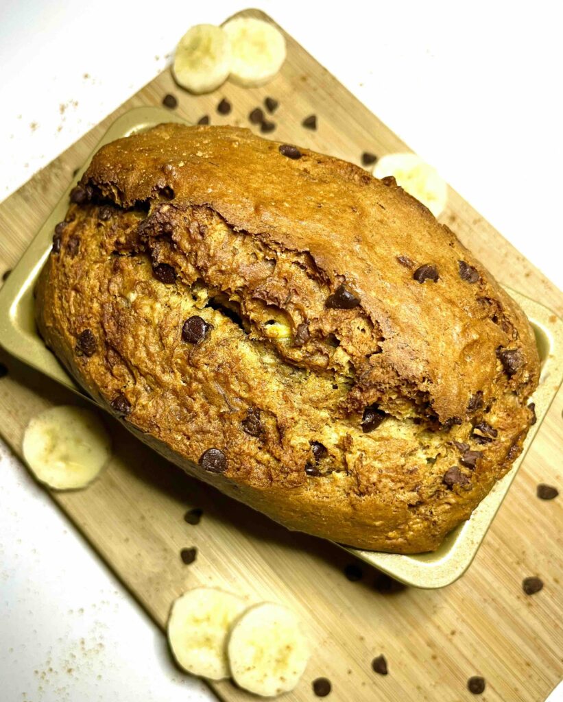 loaf of vegan chocolate chip banana bread seen from above