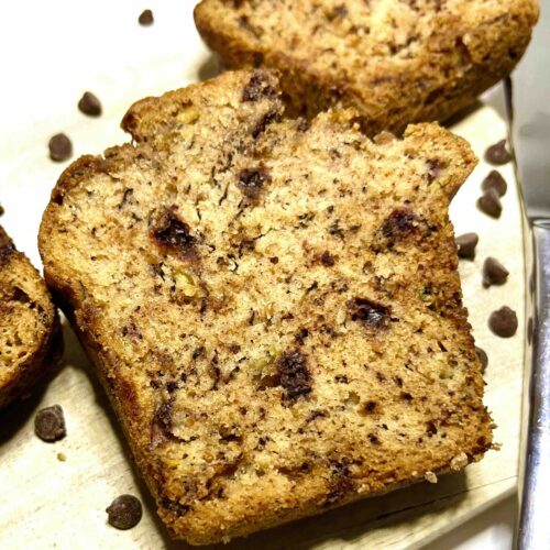 slice of vegan chocolate chip banana bread seen from above