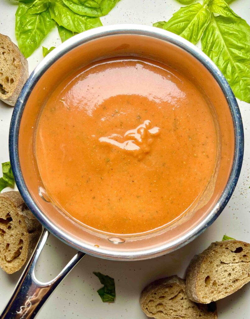 tomato bisque in pot seen from above