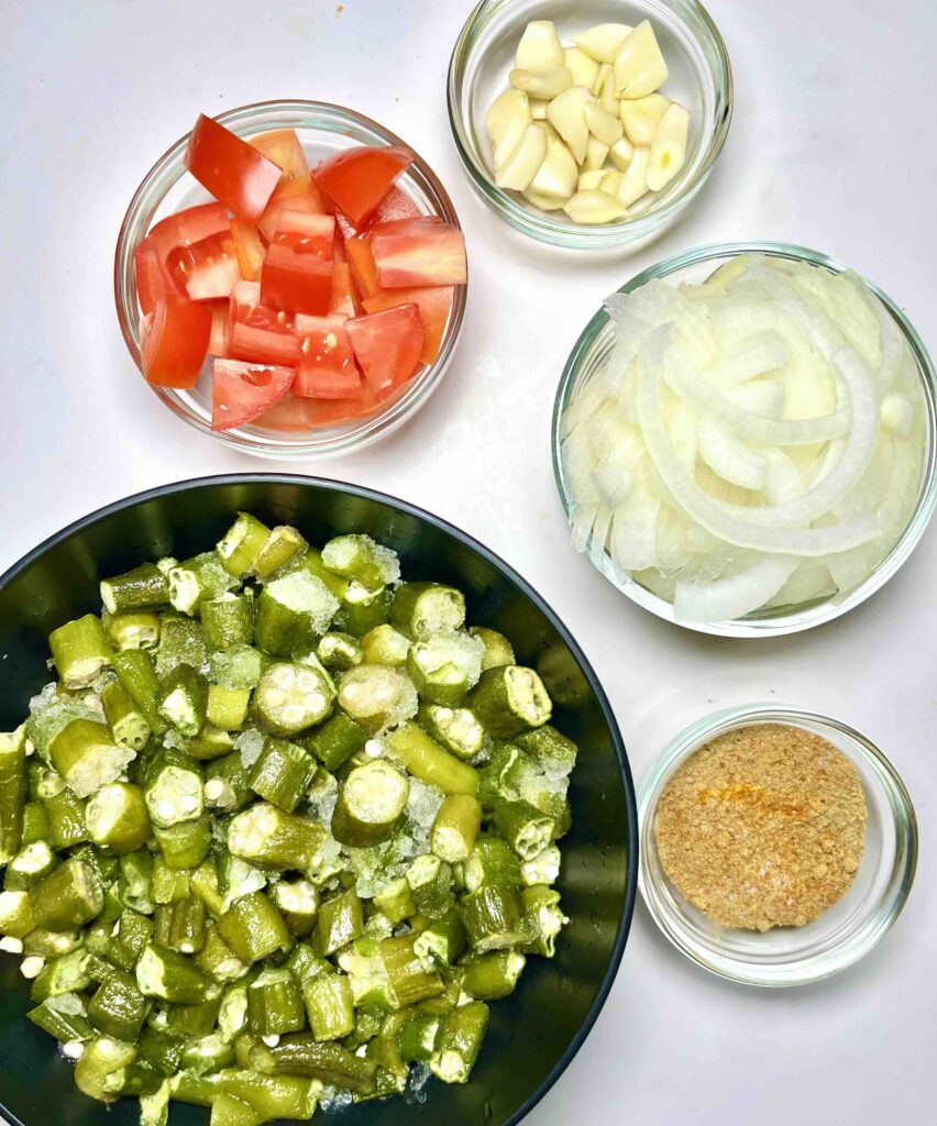 bhindi ingredients separated in small jars seen from above