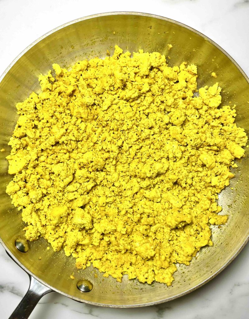 tofu scramble in a pan in seen from above