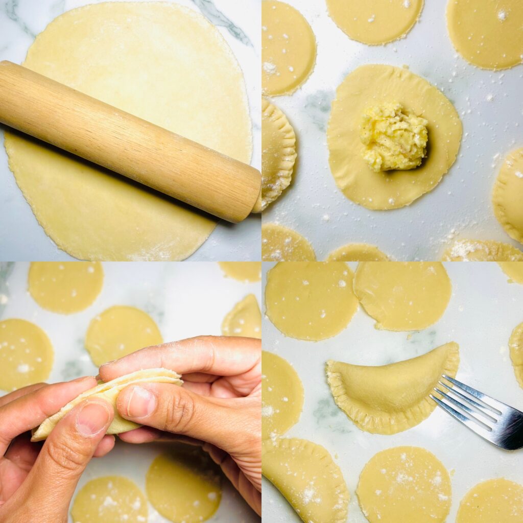 four stages of turning dough into pierogi: dough being rolled, separated into circles, formed into dumplings, and pressed, all seen from above
